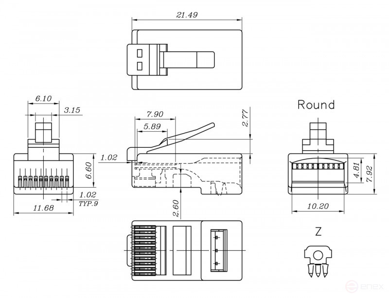 PLUG-10P10C-U-06-10 Разъем RJ-50(10P10C), универсальный (для одножильного и многожильного кабеля), для круглого кабеля, напыление 6µ"/ 6 микродюймов (10 шт)