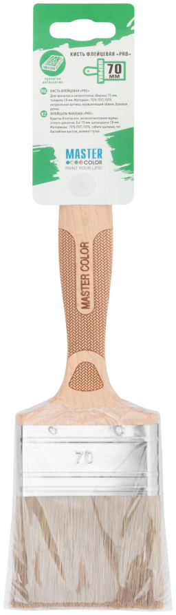 The brush is fluted, thick. 18 mm, 70% PET/30% naturalbristles, stainless steel. crimp., beech handle, width 70 mm