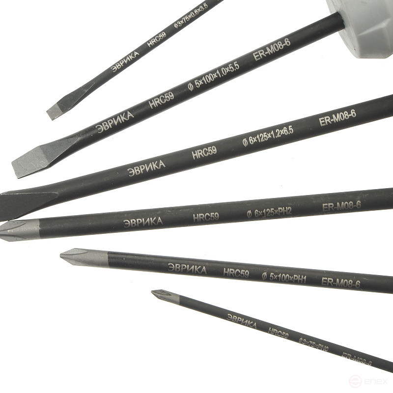 Набор отверток ER-M08-6 SL3.5x75 Ø3, SL5.5x100 Ø5, SL6.5x125 Ø6; PH0x75 Ø3, PH1x100 Ø5, PH2x125 Ø6, стержень S2, 6 предметов HRC≥59 ЭВРИКА /1/12 NEW