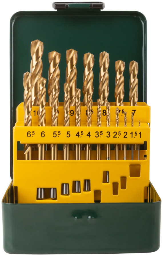 Набор сверл HSS по металлу, титановое покрытие, 19 шт. (1-10 мм), металлический бокс