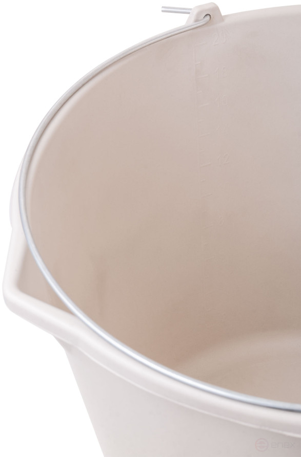 Plastic elastic construction bucket for mixing mortar with a 20 l spout
