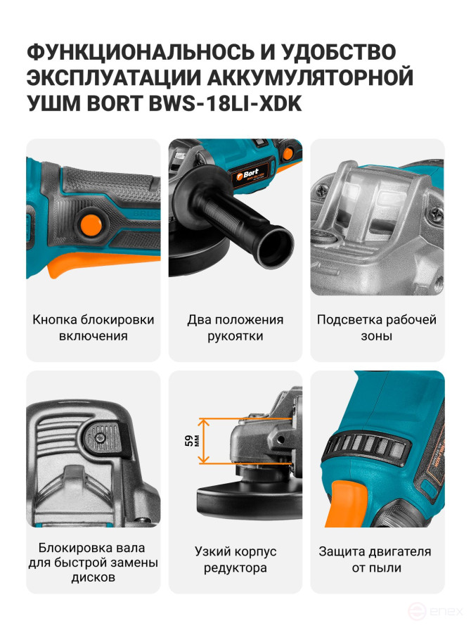 Машина шлифовальная угловая аккумуляторная BORT BWS-18Li-XDK