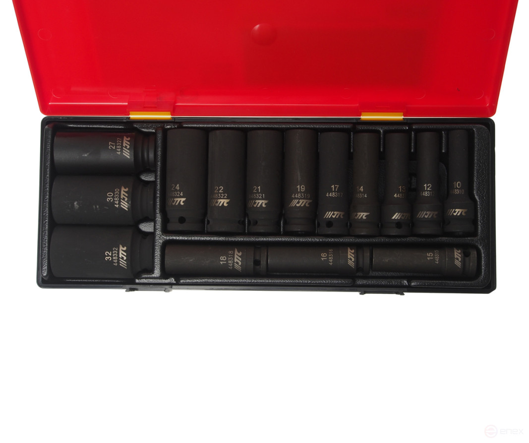 Набор головок торцевых 1/2" 12-гранных 10-32мм ударных глубоких 15 предметов в кейсе JTC