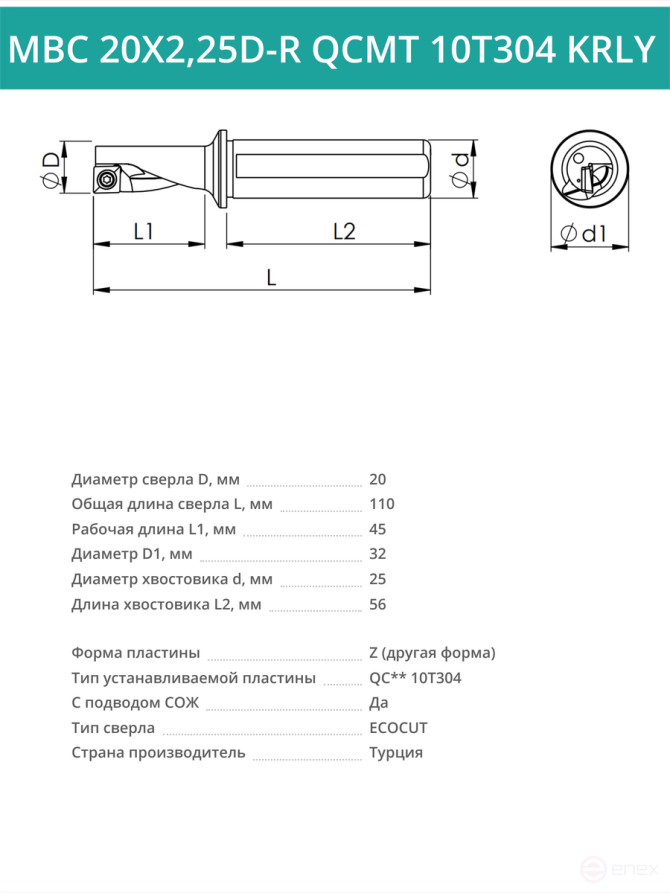MBC 20X2,25D-R QCMT 10T304 KRLY сверло корпусное - 20 мм / пластина QC** 10T304