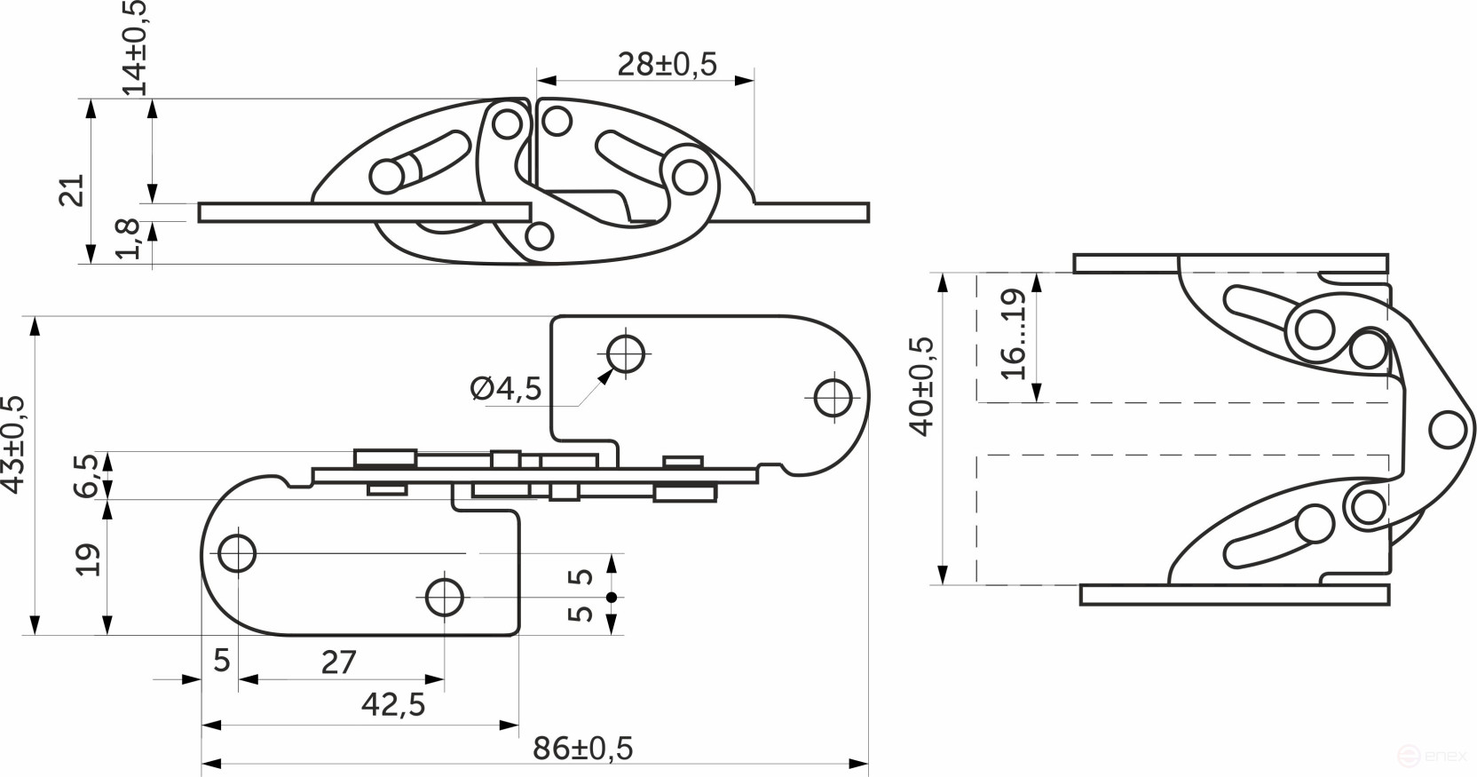 Hinge for countertops, rectangular 180° mortise AKS yellow zinc chipboard 16-19mm