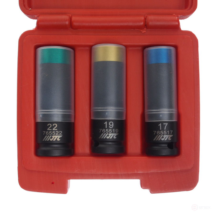 Set of impact heads for alloy wheels 17-19-22mm L=85mm 3 pieces in a JTC case