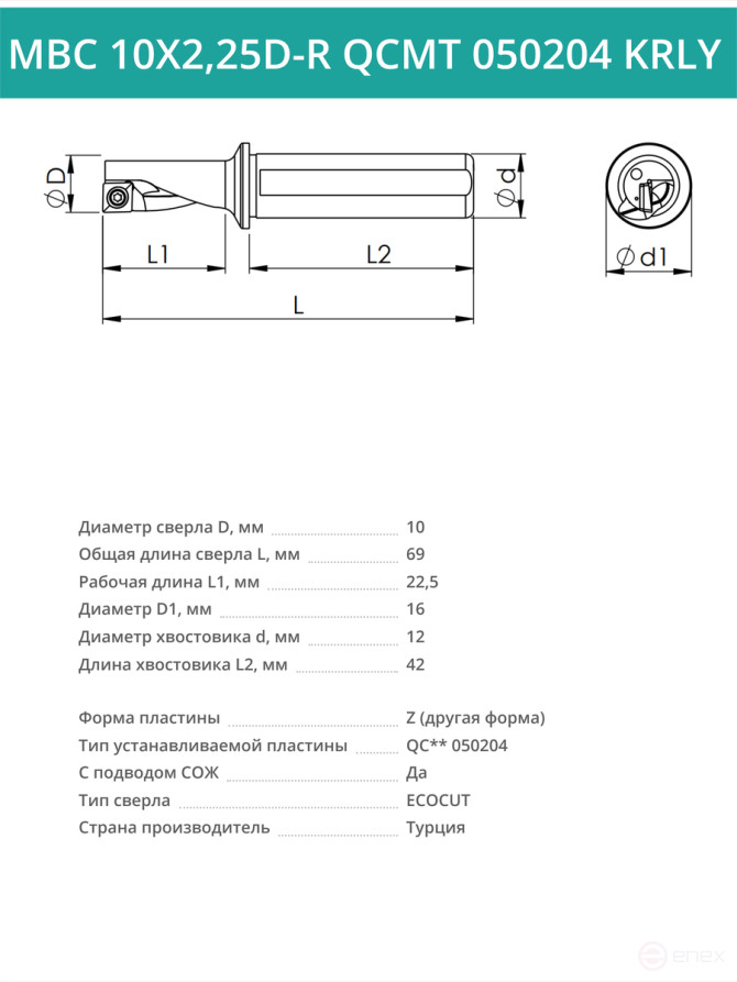 MBC 10X2,25D-R QCMT 050204 KRLY сверло корпусное - 10 мм / пластина QC** 050204