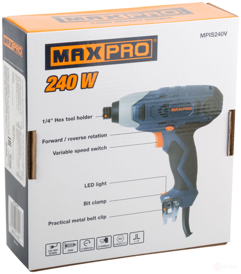 MAX-PRO Electric impact screwdriver 240 W; 0-3600 rpm; 0-4200 rpm; chuck 6.35 mm for a bit; 100 Nm; speed control; reverse; rubber