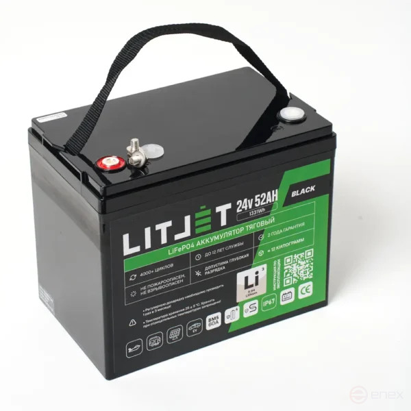 Литиевый аккумулятор тяговый ЛИТДЖЕТ BLACK LiFePO4 24V 52Ah 1331Wh IP67 BMS 60А