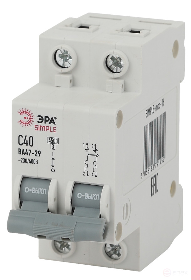 Автоматический выключатель ЭРА SIMPLE SIMPLE-mod-16 ВА 47-29 2P 40А кривая C 4,5кА