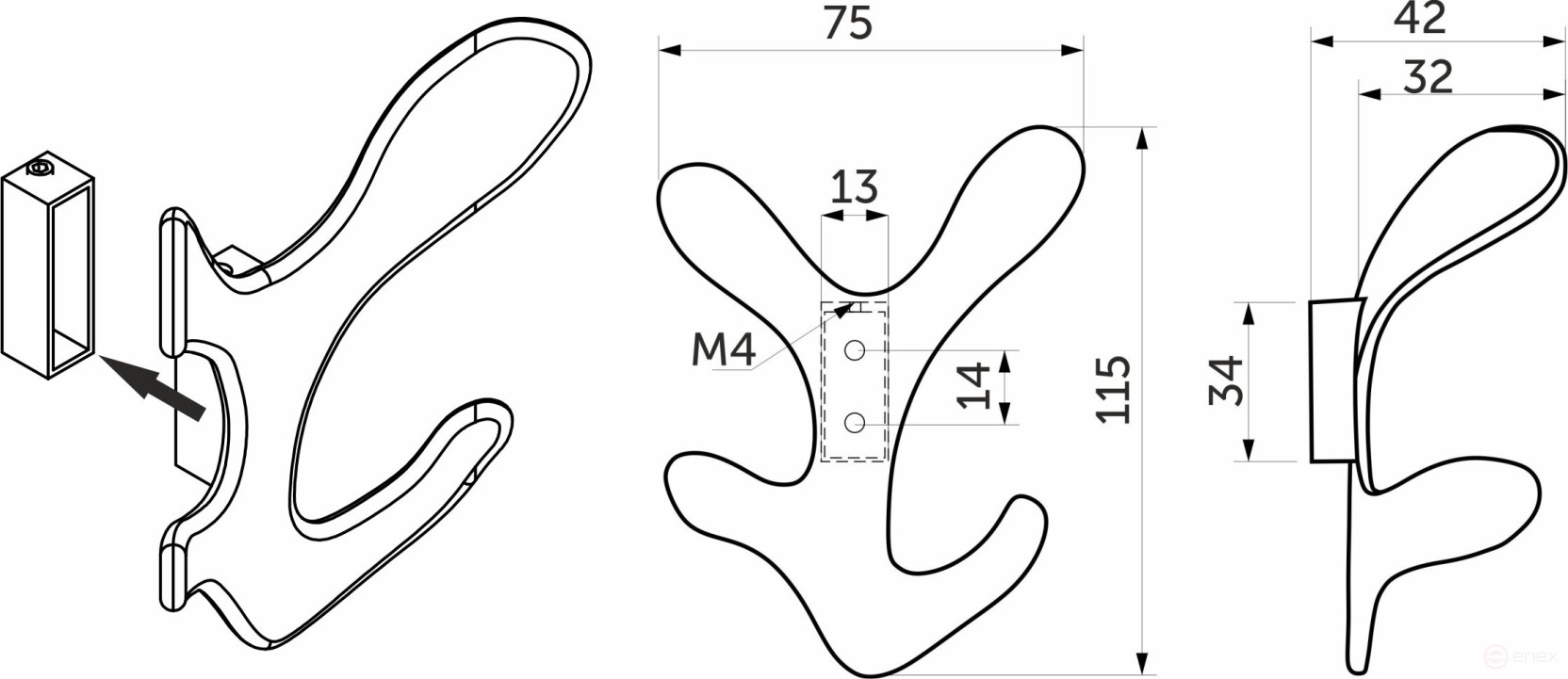 Крючок меб. четырехрожковый мет. KORAL черный матовый AKS