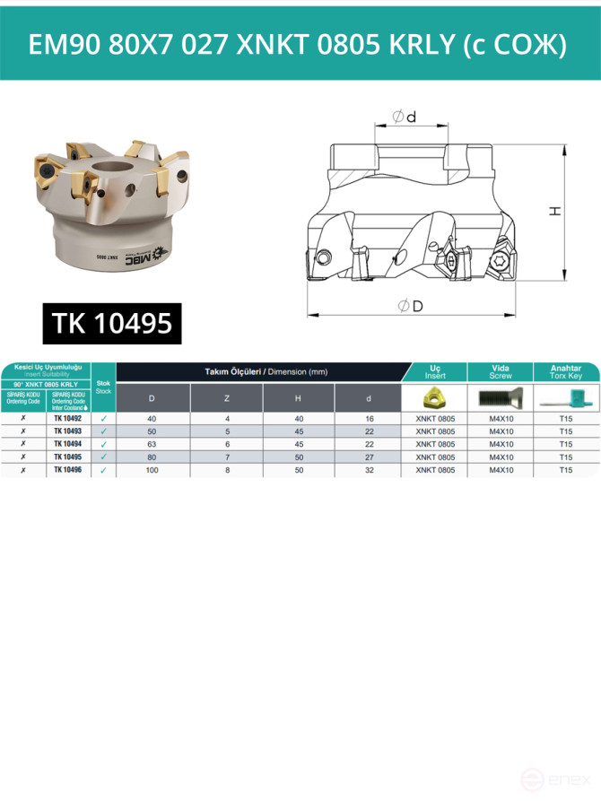 Milling cutter end nozzle 80 mm, fit 27 mm, 7 teeth EM90 80X7 027 XNKT 0805 KRLY (with coolant) for KORLOY plate