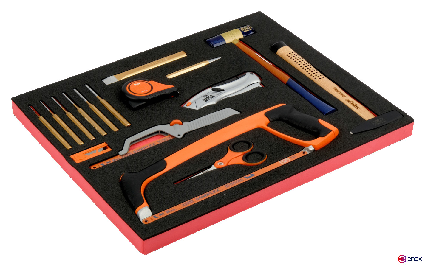 Fit&Go Set with percussion and cutting tools in a bed, 16 items