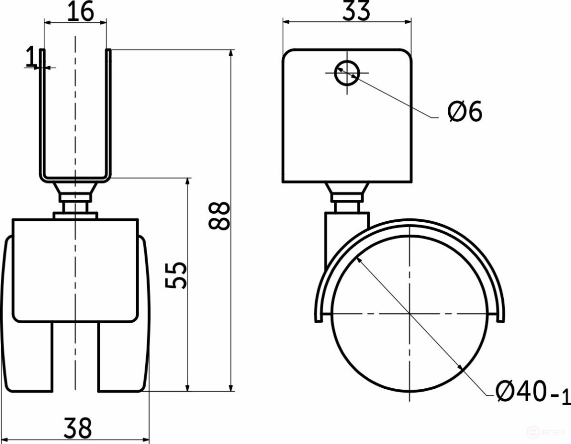Колесо меб. пласт. d40 U-образное, черный AKS