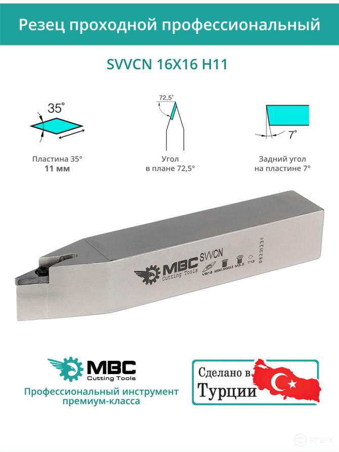 SVVCN 16X16 H11 резец токарный проходной нейтральный 16x16 мм / пластина 11 мм, VCMT 1103**