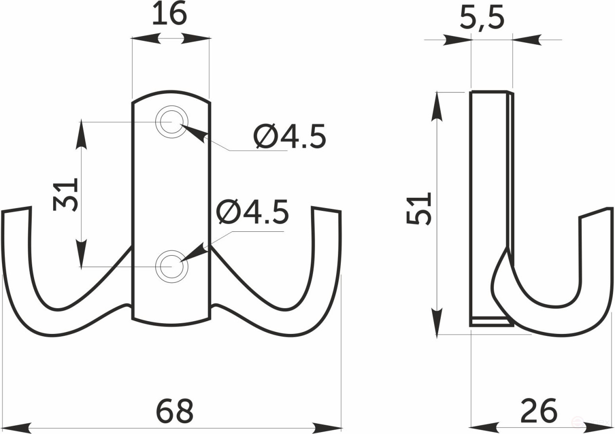 Крючок меб. двухрожковый мет. WP13 черный AKS
