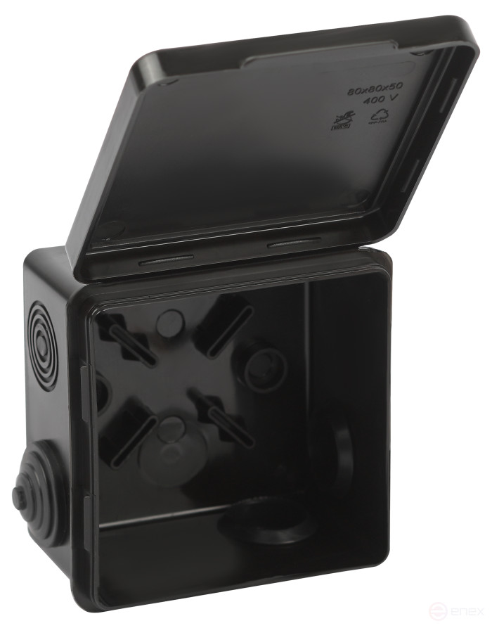 Soldering box ERA KOR-80-80-50- 7g-B open installation black 80x80x50mm with 7 vx hermetic leads. IP54