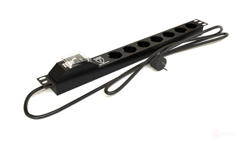 SHE19-7SH-BF-2.5EU Socket block for 19" cabinets, horizontal, 7 Schuko sockets, automatic. switch, overvoltage protection, 2.5m (3x1.5mm2) power cable with Schuko 16A plug, 250V, 482.6x44.4x44.4mm (LxWxH), steel housing, black