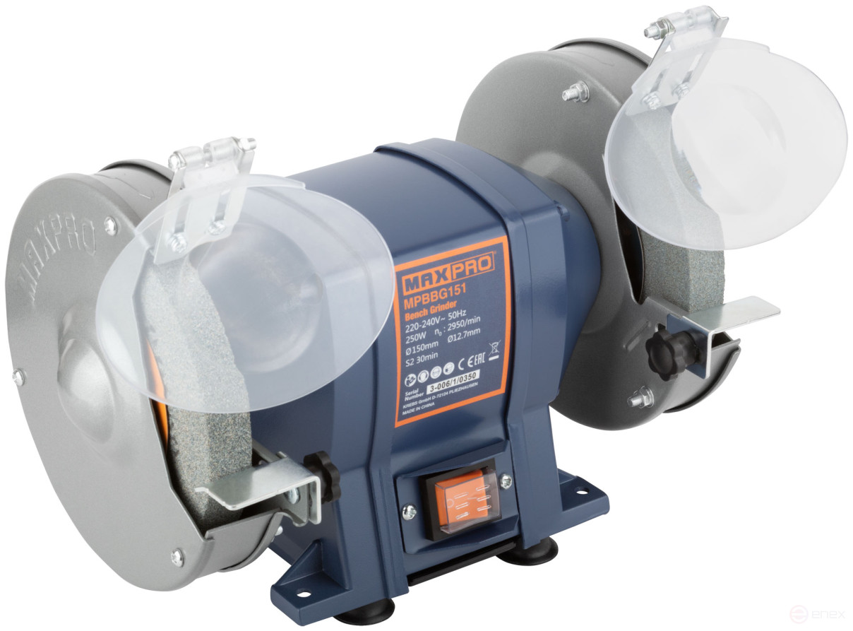 MAX-PRO Станок точильный 250 Вт; 2950/2950 об/мин; 1: 150/20/12,7 мм; 2: 150/20/12,7 мм; 6,55 кг; индукционный мотор; кор.