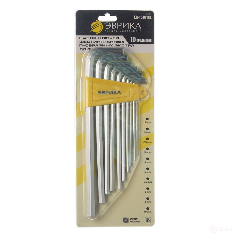 Набор ключей шестигранных ER-15101XL:Г-образных экстра длинных 1.5-10мм 10пр. ЭВРИКА /1/12/60
