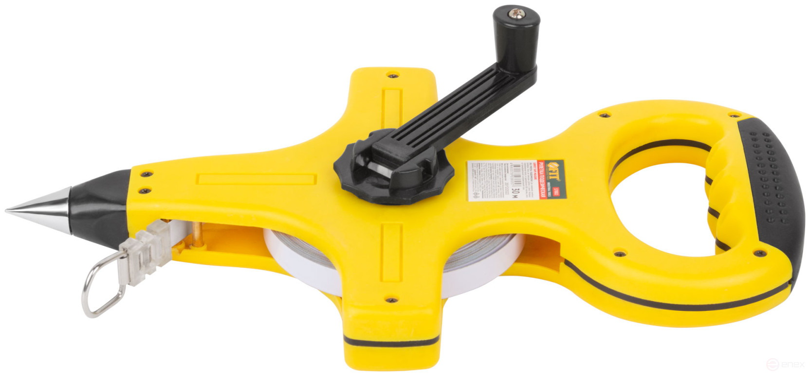 Geodetic tape measure, steel tape, yellow open plastic case, rubberized handle 30 m