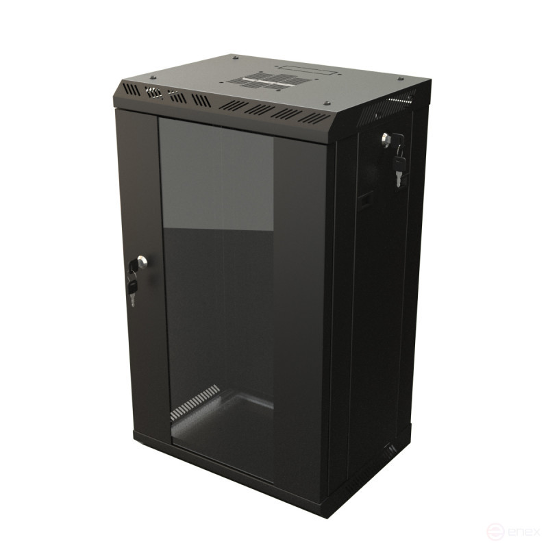 TDB-15U-GP-RAL9004 Wall cabinet 10", 15U, 774.5x390x300, set size 254 mm, with glass door, opening walls, possibility of installing a fan, color black (RAL 9004) (assembled)