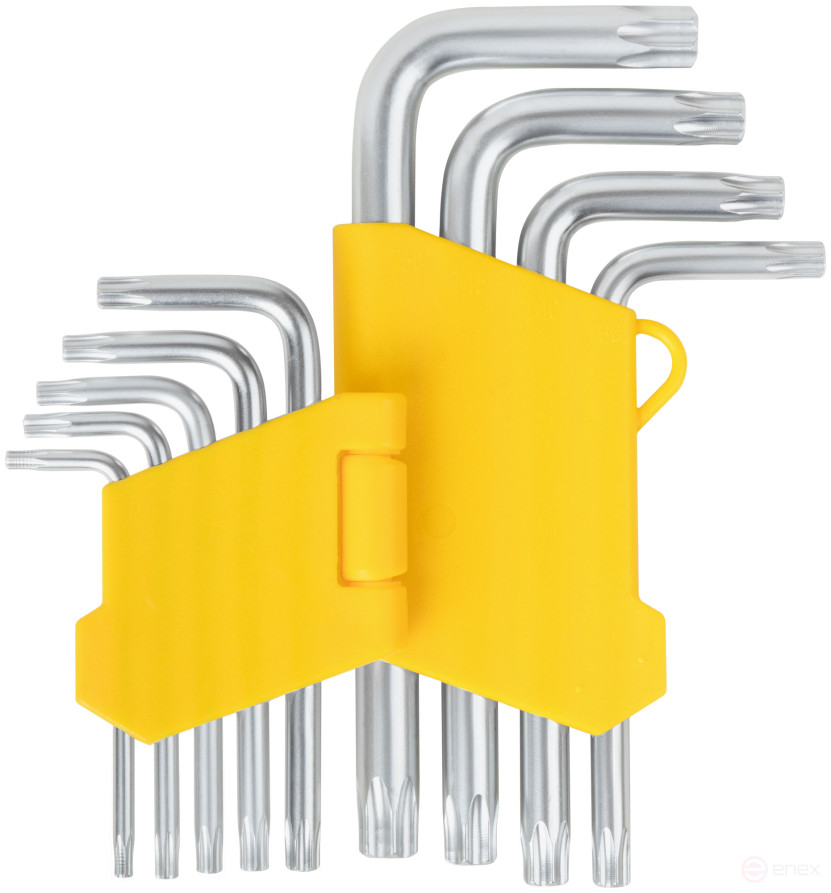 Ключи "звездочки", CrV сталь, 9 шт., Т10-Т50, с отверстием, в пластиковом держателе