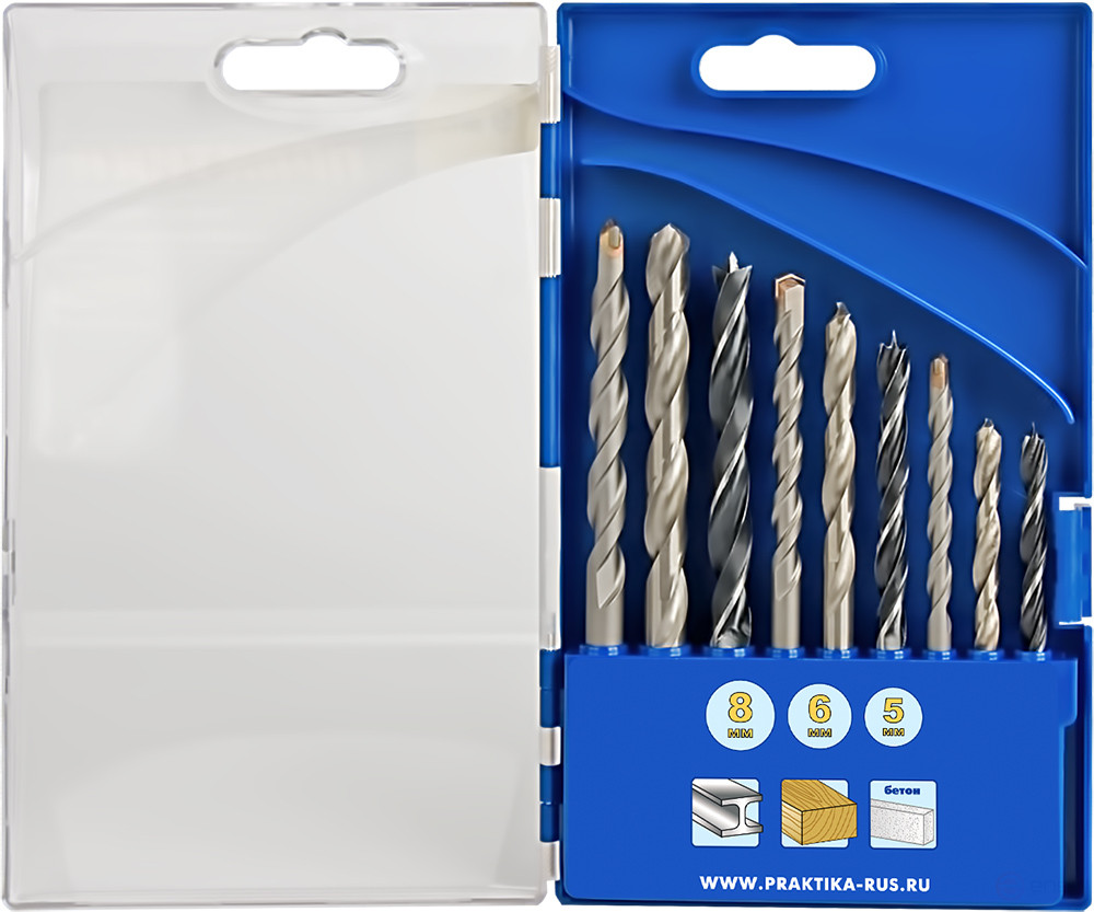 Набор сверл комбинированный ПРАКТИКА "Профи", 9 шт, металлу/бетону/дереву 5,6,8 мм ПРО (640-384)