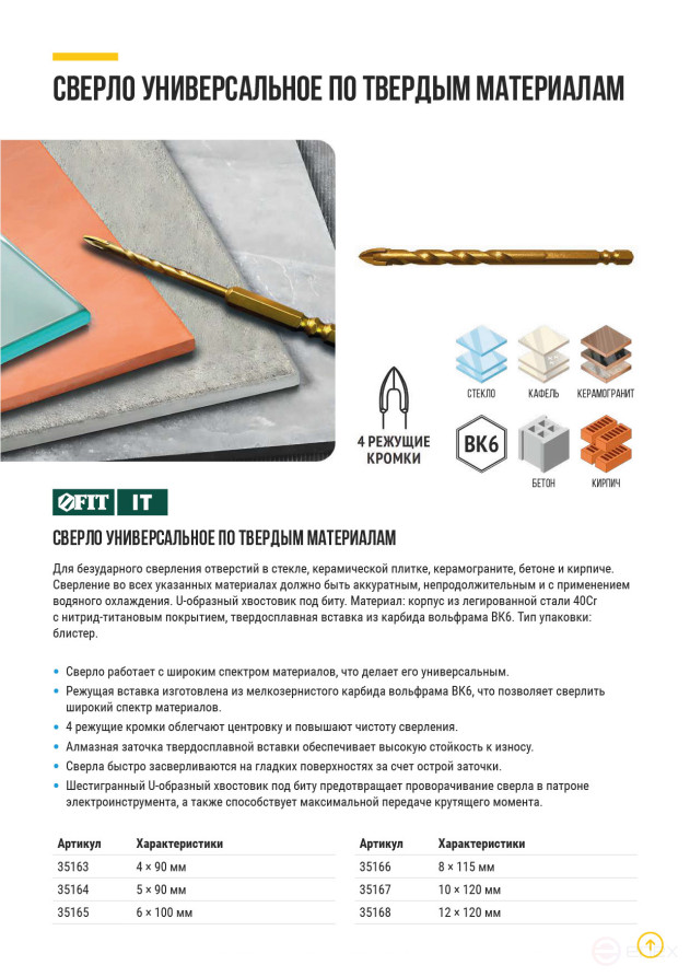 Сверло универсальное, 4 режущие кромки, титановое покрытие, шестигранный U-хвостовик под биту, 6х100 мм