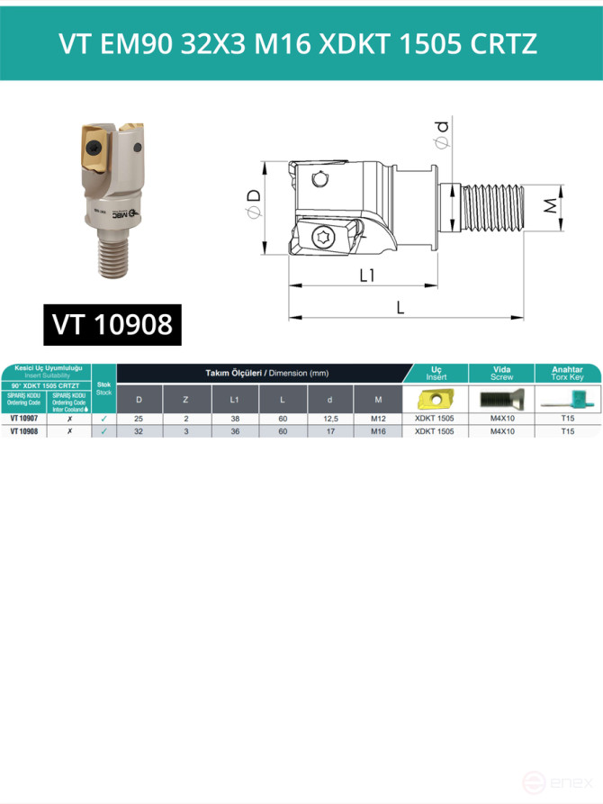 VT EM90 32X3 M16 XDKT 1505 CRTZ Milling Replacement Head 32 mm with M16 thread / without coolant