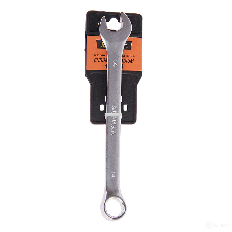 Ключ комбинированный 14мм ER-31014 (Chrome vanadium) на держателе сатинированный ЭВРИКА 1/20