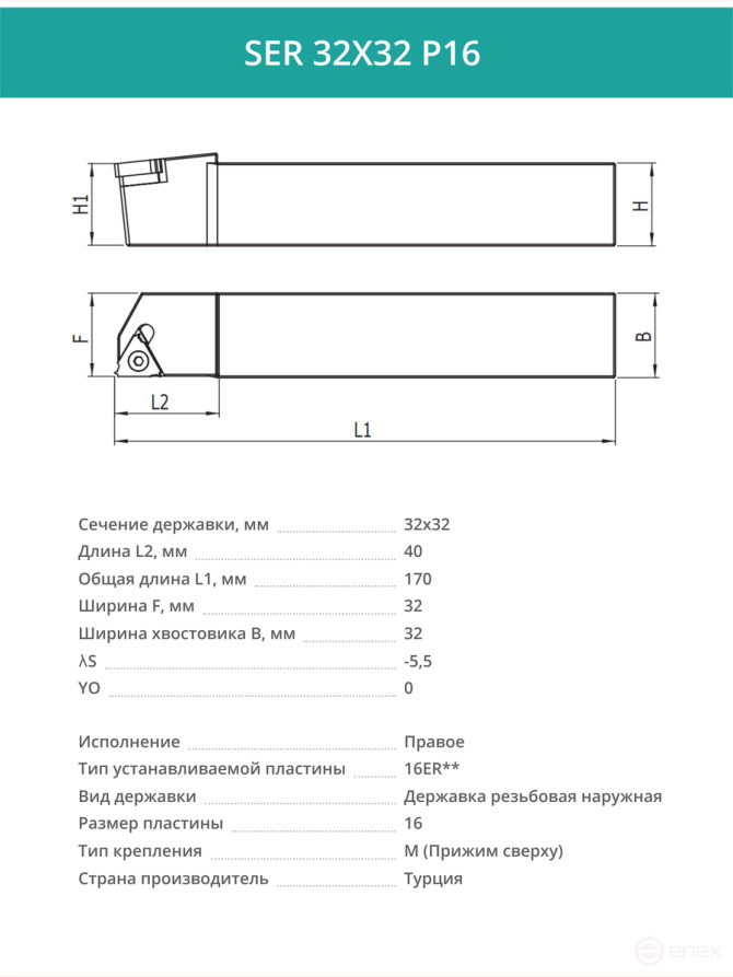SER 32X32 P16 male thread cutter 32x32 mm, right / plate 16ER**
