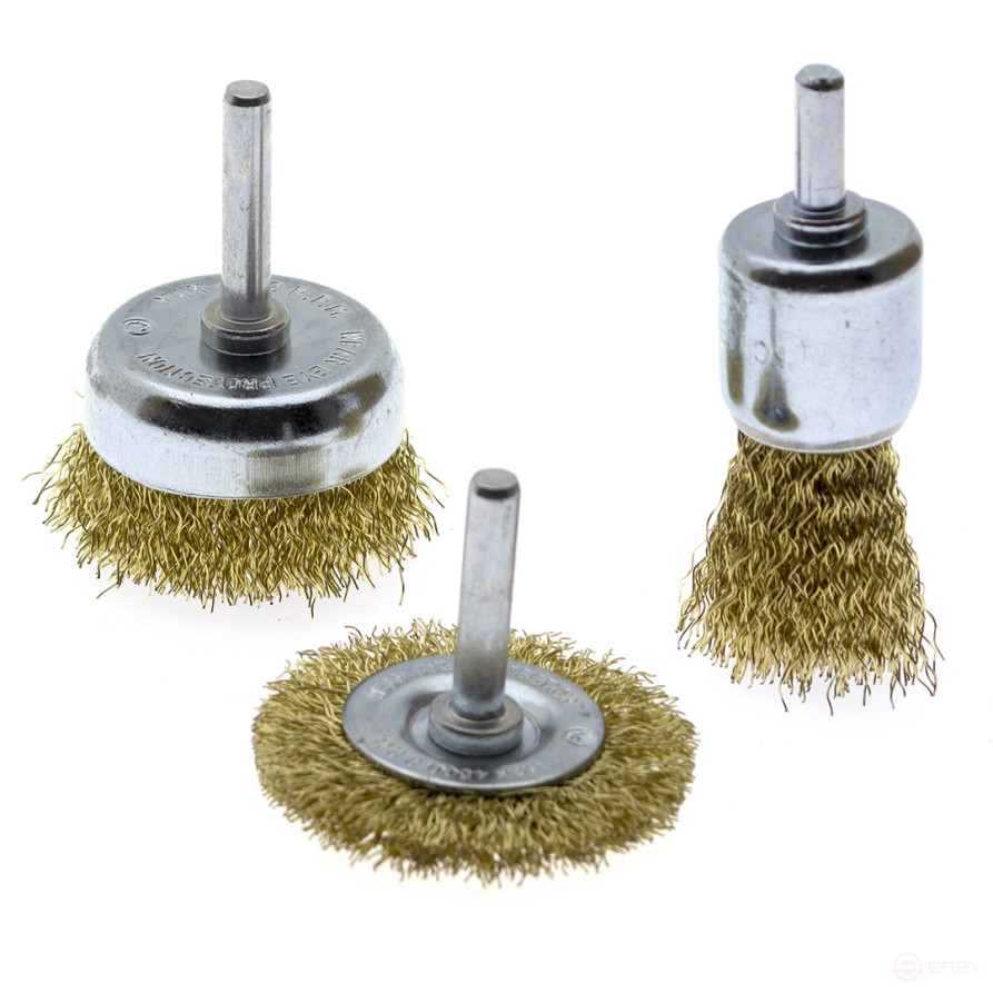 Cord brush for drill, set of 3 pcs. - 25mm brush, 50mm radial, 50mm cup, CHEGLOCK (60)