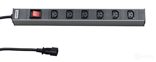 SHT19-6IEC-S-2.5IEC Блок розеток для 19" шкафов, горизонтальный, 6 розеток IEC320 C13, выключатель с подсветкой, кабель питания 2.5м (3х1.0мм2) с вилкой IEC320 C14 10A, 250В, 482.6x44.4x44.4мм (ДхШхВ), корпус алюминий