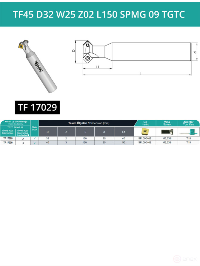 Фреза корпусная T-образная D32 мм, 2 зуба TF45 D32 W25 Z02 L150 SPMG 09 TGTC / пластина SP** 090408