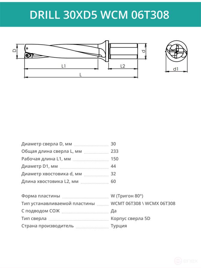 DRILL 30XD5 WCM 06T308 сверло корпусное - 30 мм / пластина WCMT 06T308; WCMX 06T308