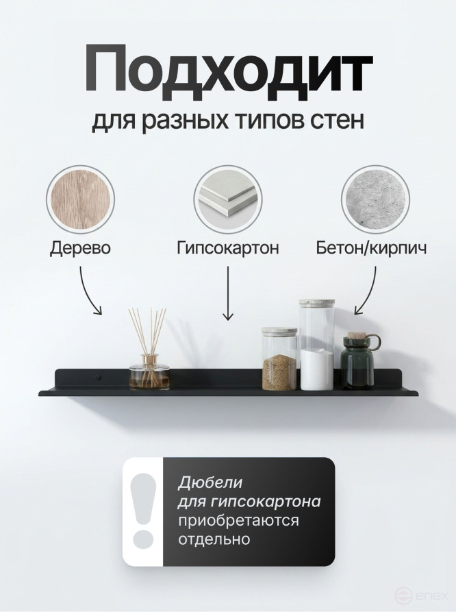 Полка настенная прямая черная, металлическая 80х15 см, 1 шт.
