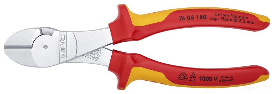 Бокорезы особ. мощн. VDE, рез: провол. ср. Ø 3.8 мм, твёрд. Ø 2.7 мм, роял. струна Ø 2.2 мм, L-180 мм, хром, 2-к ручки