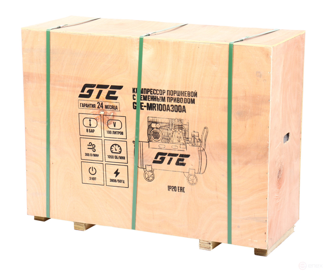 Компрессор пневматический 380В 3.0кВт 8атм. 300л/мин. ресивер-100л поршн. ремен. одноступенчатый GTE