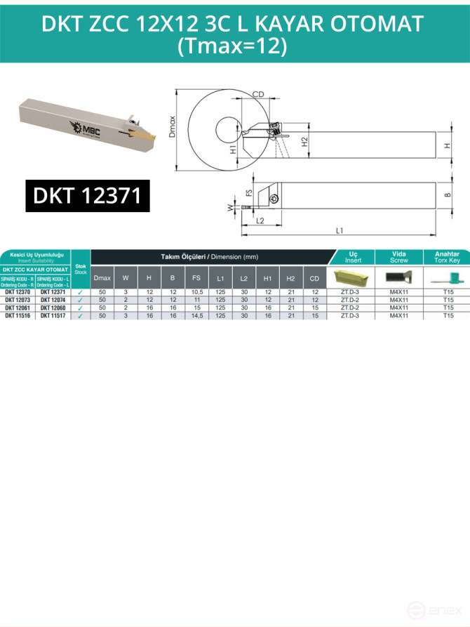 DKT ZCC 12X12 3C L KAYAR OTOMAT (Tmax=12) резец отрезной для автоматов продольного точения 12x12 мм левый / пластина ZT*D03***