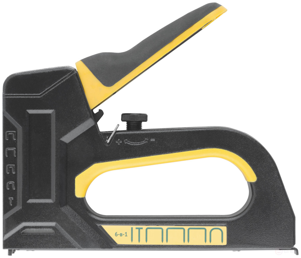 6-in-1 stapler for staples "type 53", "type 53F", "type 140", "type 28", "type 300", "type 500" , 4-14 mm, impact force adjustment, spring mechanism, aluminum