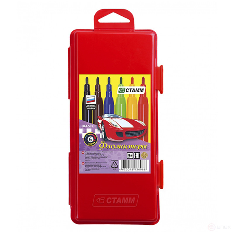 Markers STAMM "Cars", 06cv., washable, red plastic. pencil case, European suspension