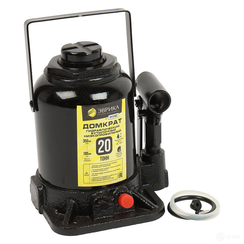 Домкрат гидравлический ER-81002 бутылочный низкопроф. с клапаном 20т, ремкомп (выс. подъема 185-350мм, ход штока 110мм, ход винта 55мм) ЭВРИКА /1/2