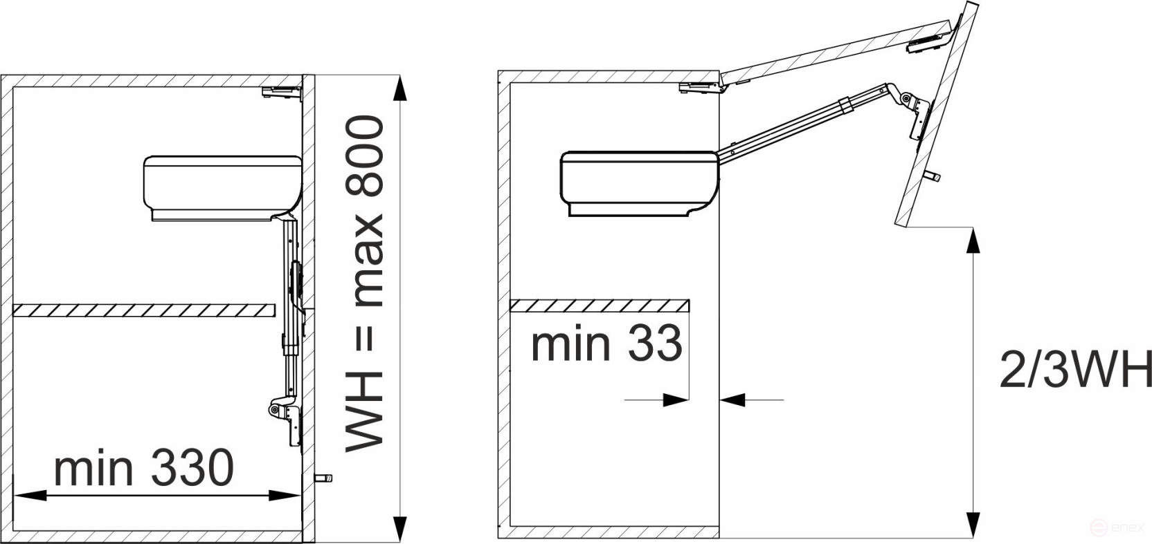 Lifting mechanism upper B with door closer and locking in any position for two doors AKS PLUS TITAN grey
