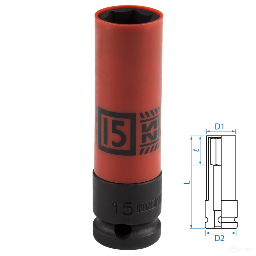 Deep impact socket 1/2", 15 mm, thin-walled, plastic protection KING TONY 494515M