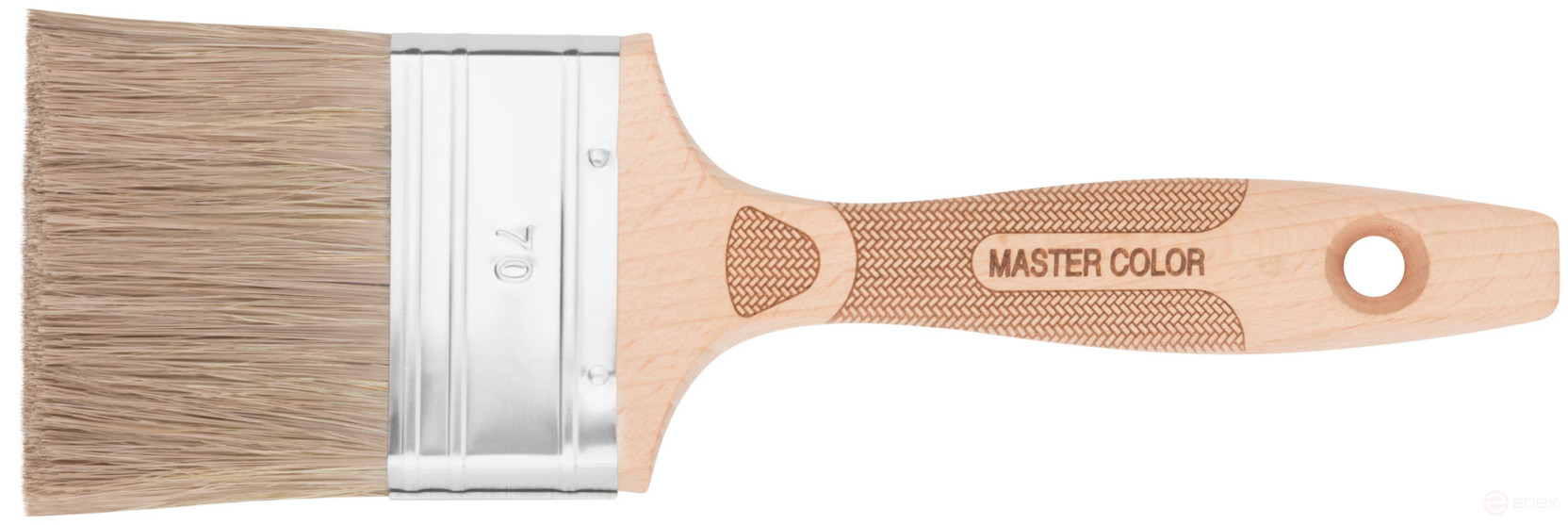 The brush is fluted, thick. 18 mm, 70% PET/30% naturalbristles, stainless steel. crimp., beech handle, width 70 mm