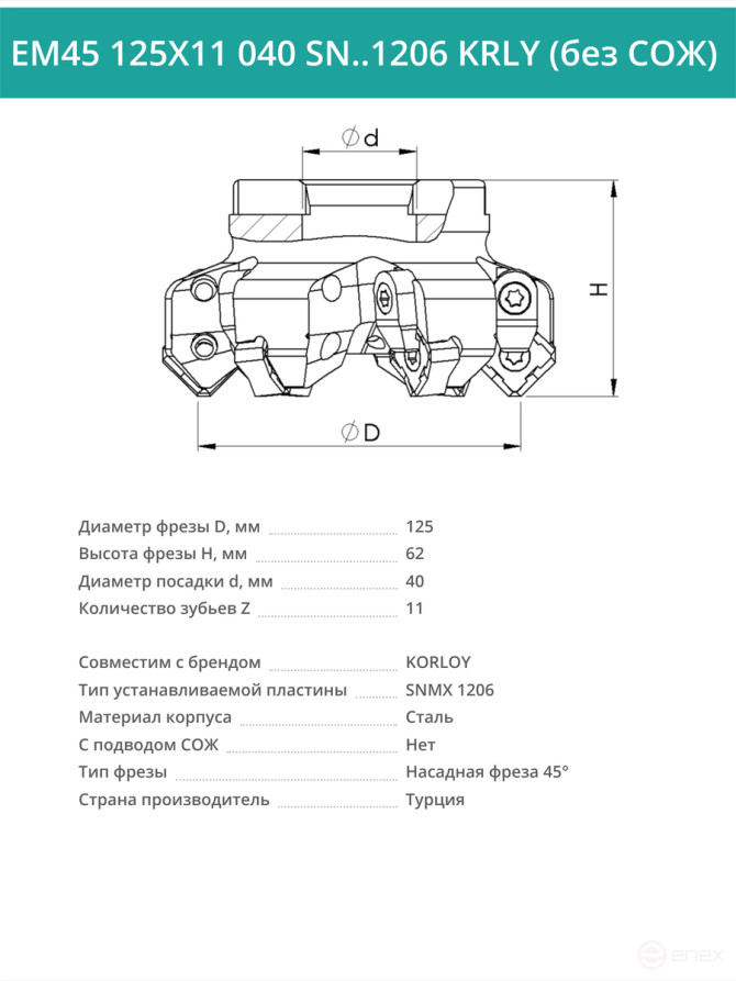 Фреза торцевая насадная 125 мм, посадка 40 мм, 11 зубьев EM45 125X11 040 SN..1206 KRLY (без СОЖ) под пластину KORLOY