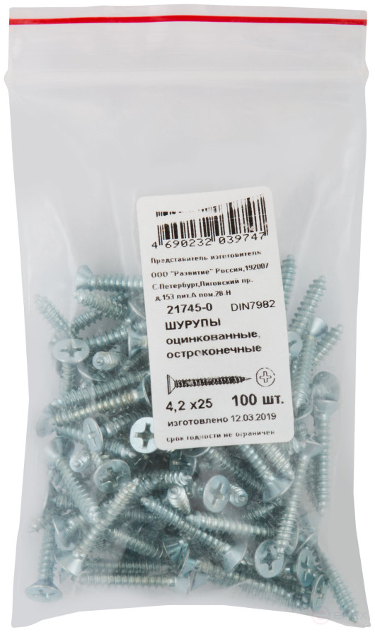 Galvanized, pointed screws DIN7982 4.2 x 25 (packing 100 pcs)