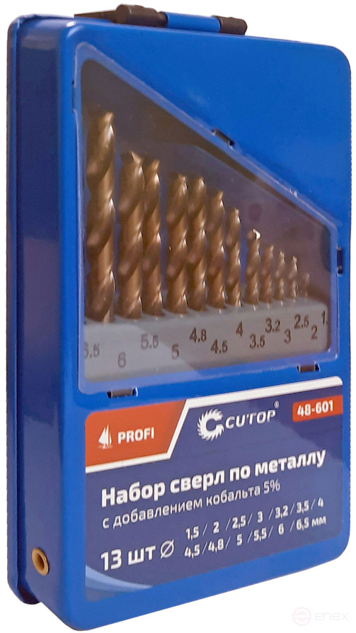 Набор сверл по металлу с кобальтом 5% в металлической коробке; 1,5-6,5 мм (через 0,5 мм + 3,2 мм; 4,8 мм), 13 шт., Cutop Profi