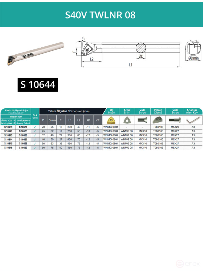 S40V TWLNR 08 internal turning boring tool right, 40 mm / plate WNMG 0804**